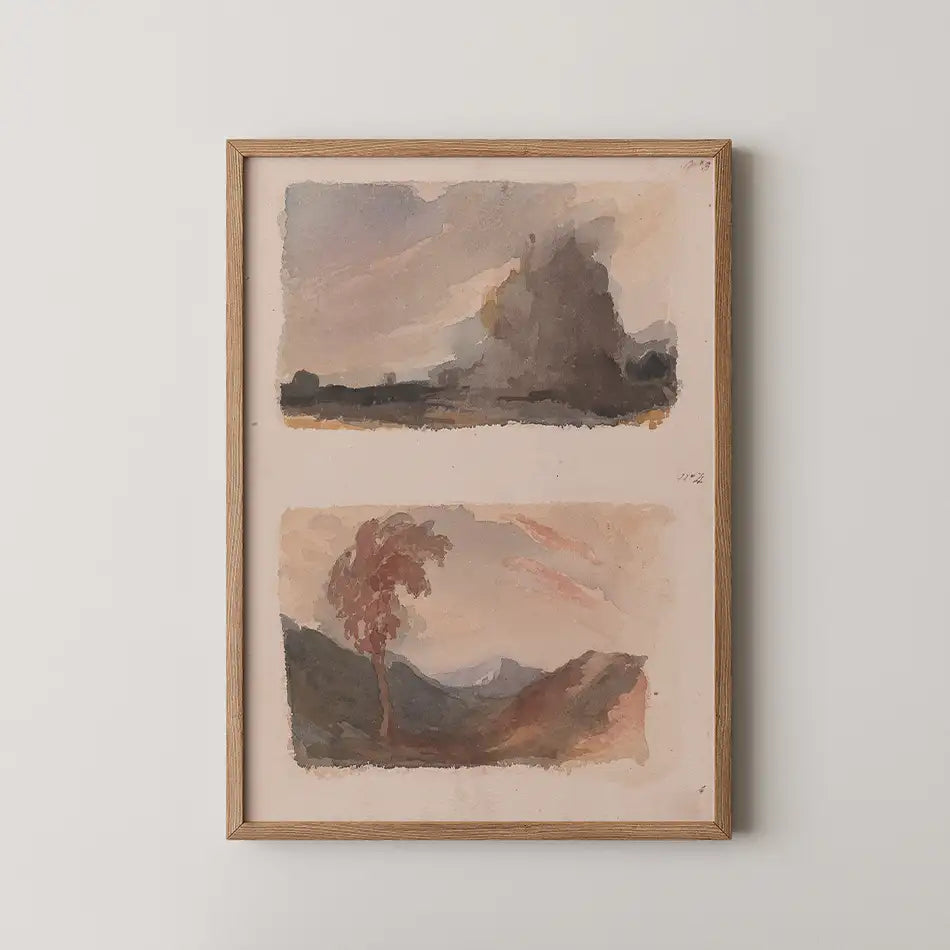 Framed art print featuring two abstract landscape paintings in soft pastel colors on a light background.