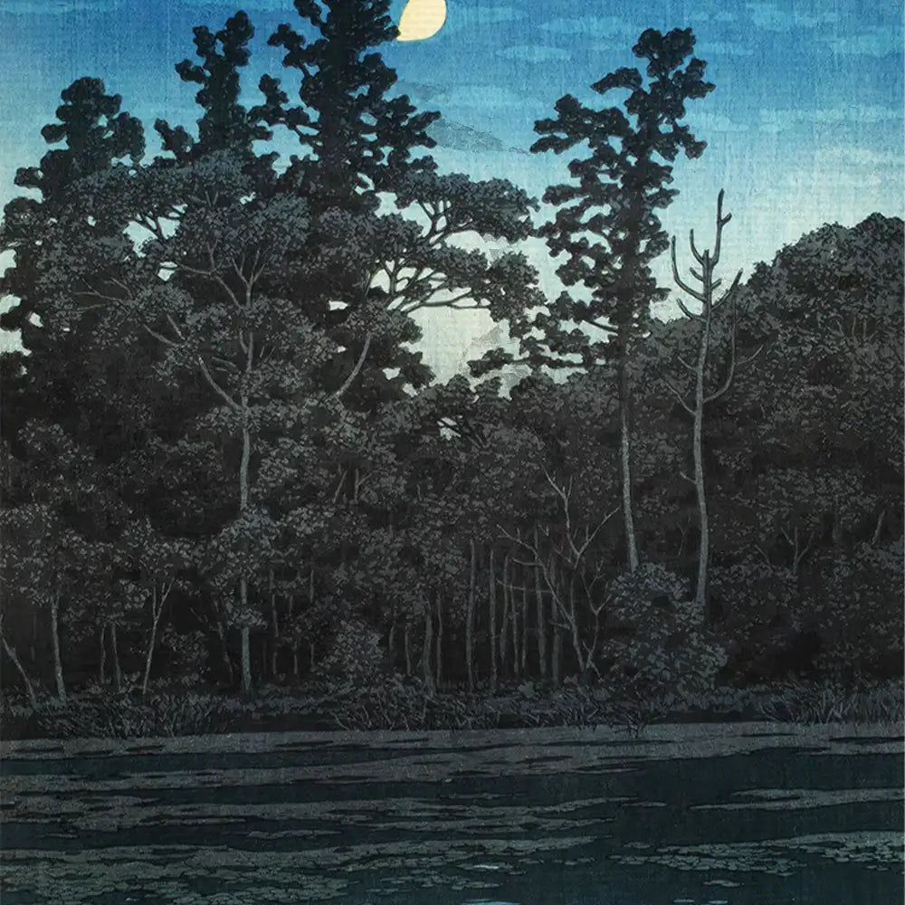 Moonlit forest landscape painting with dark trees and a tranquil water surface.