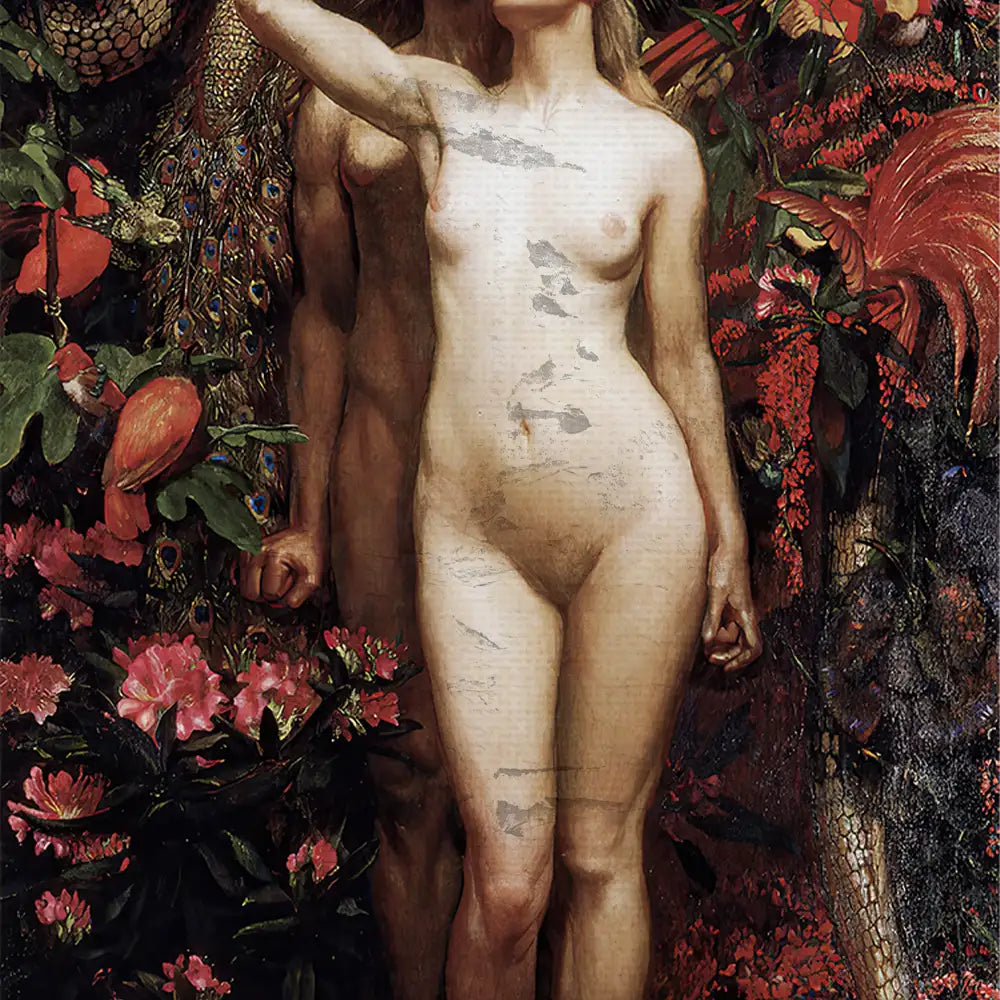 Nude female figure standing among colorful flowers and foliage, with two other figures in the background.