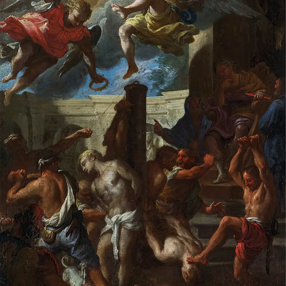 A dramatic painting depicting an ancient scene with angels above, showcasing figures in turmoil and conflict, characterized by vivid colors and expressive emotions.