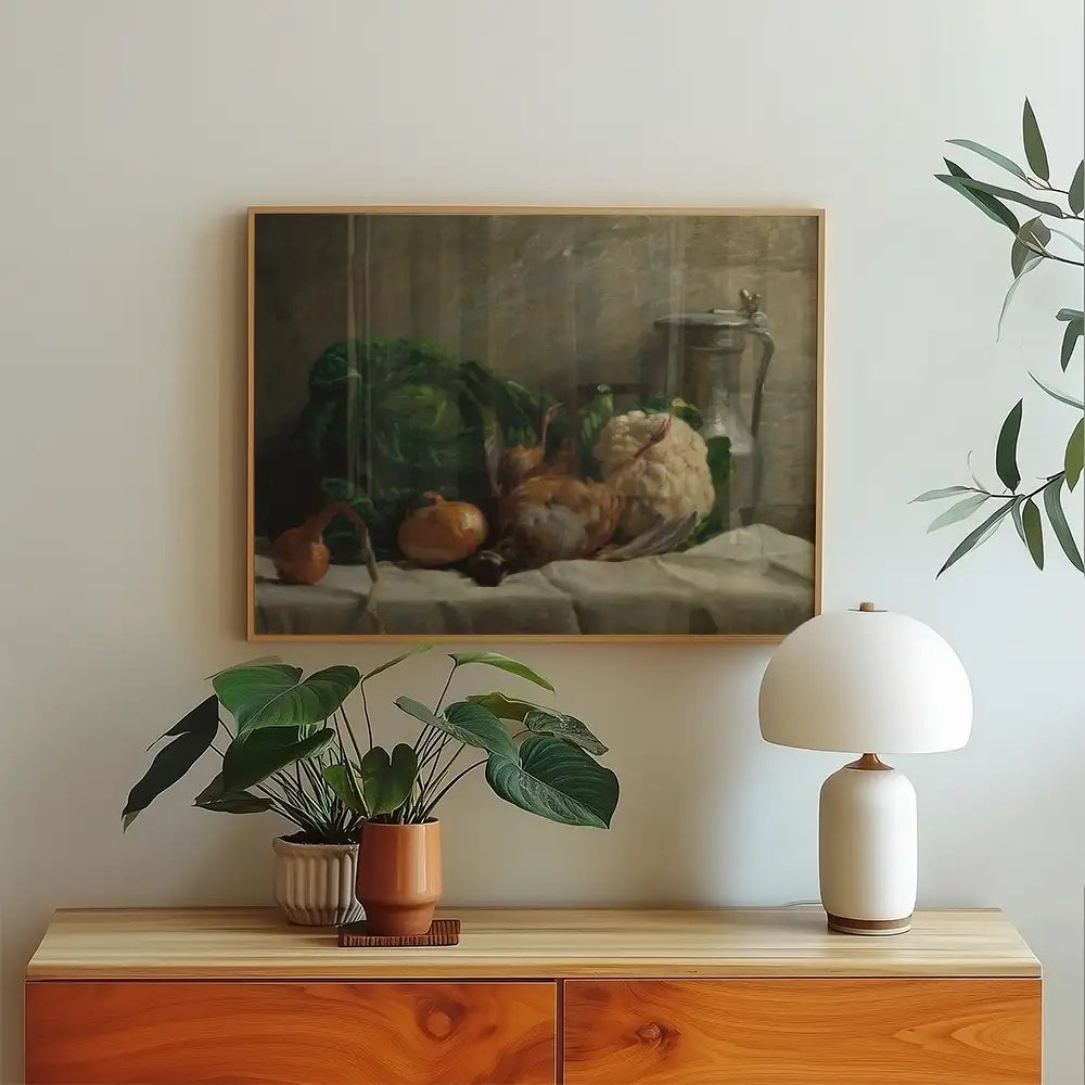 Still life painting featuring vegetables and fruits displayed on a table, with a decorative lamp and potted plant in a modern interior setting.