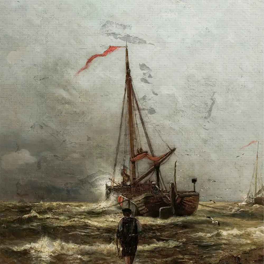 A vintage painting depicting a fisherman approaching a boat in turbulent waters under a cloudy sky.
