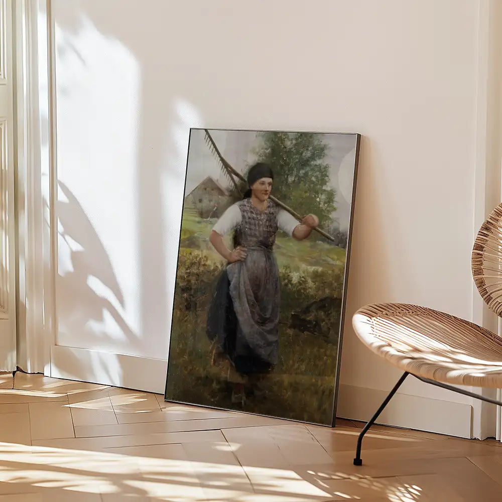 A vintage painting of a woman in traditional attire holding a scythe, set against a pastoral background, leaning against a wall in a stylish interior.