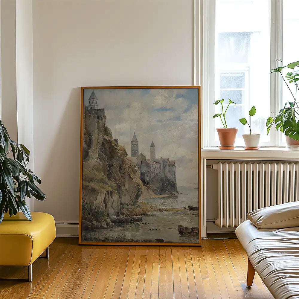 Painting of a coastal castle scene displayed in a modern living room with a yellow couch and indoor plants.