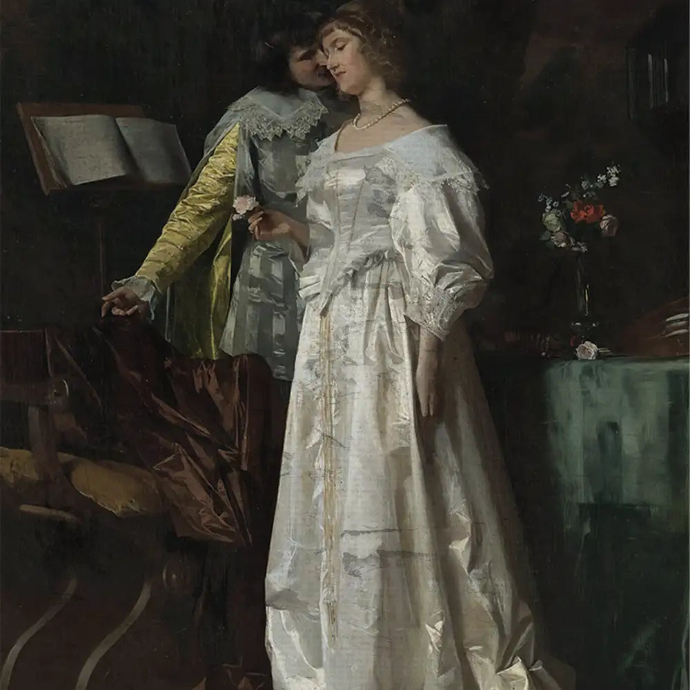 Painting of a couple in 18th century attire, with the woman in a white dress holding a flower, and the man in a green and yellow outfit, set against a dark background with a floral arrangement and a music book.