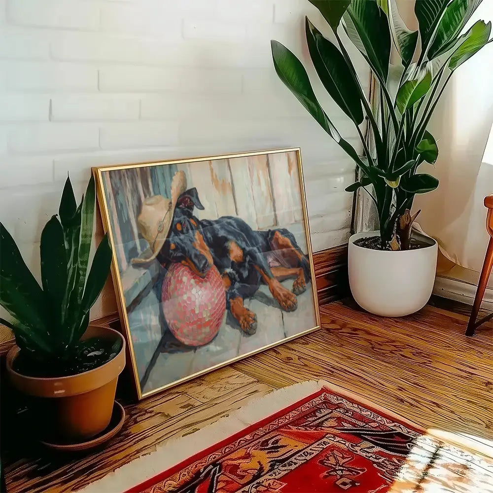 Modern poster of a Doberman resting with a colorful ball, framed and displayed in a cozy indoor setting with plants and wooden flooring.