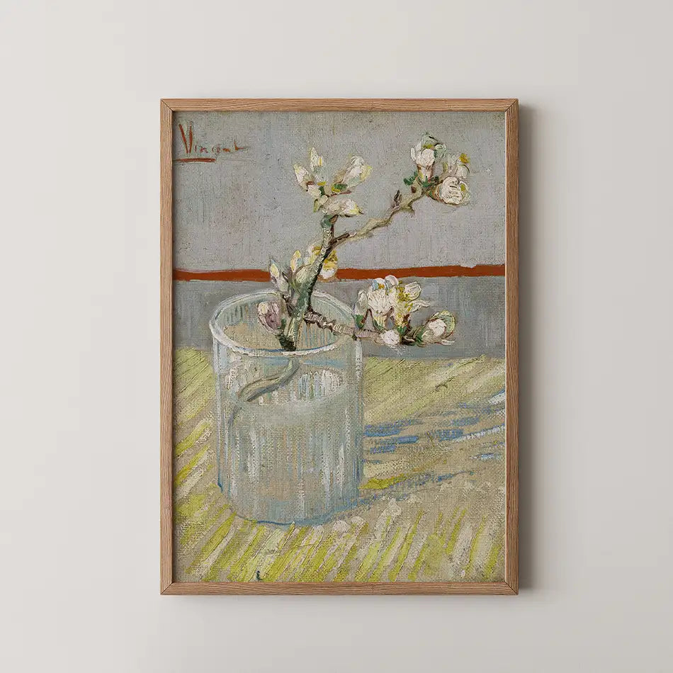 Painting of a branch with white flowers in a glass vase, framed in wood, featuring muted colors and soft brush strokes.