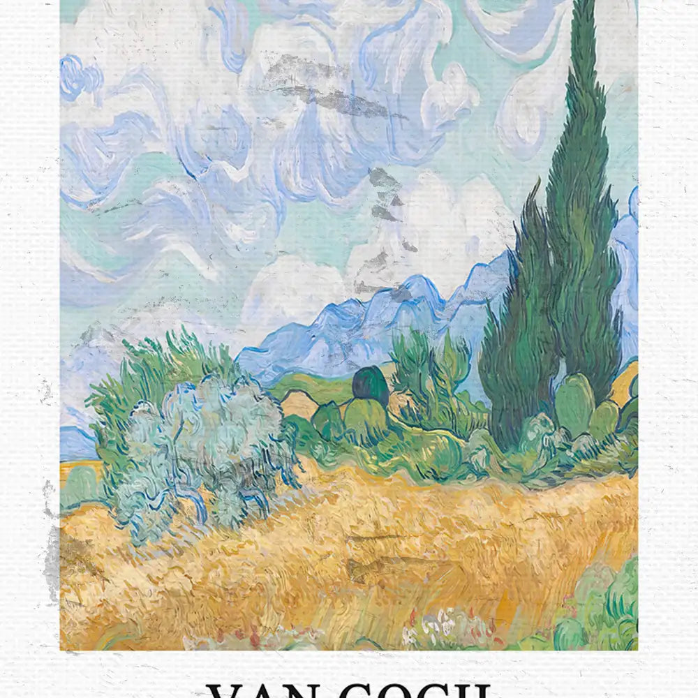 Painting of rolling hills under a blue sky with swirling clouds, featuring cypress trees and vibrant greenery, attributed to Vincent van Gogh.