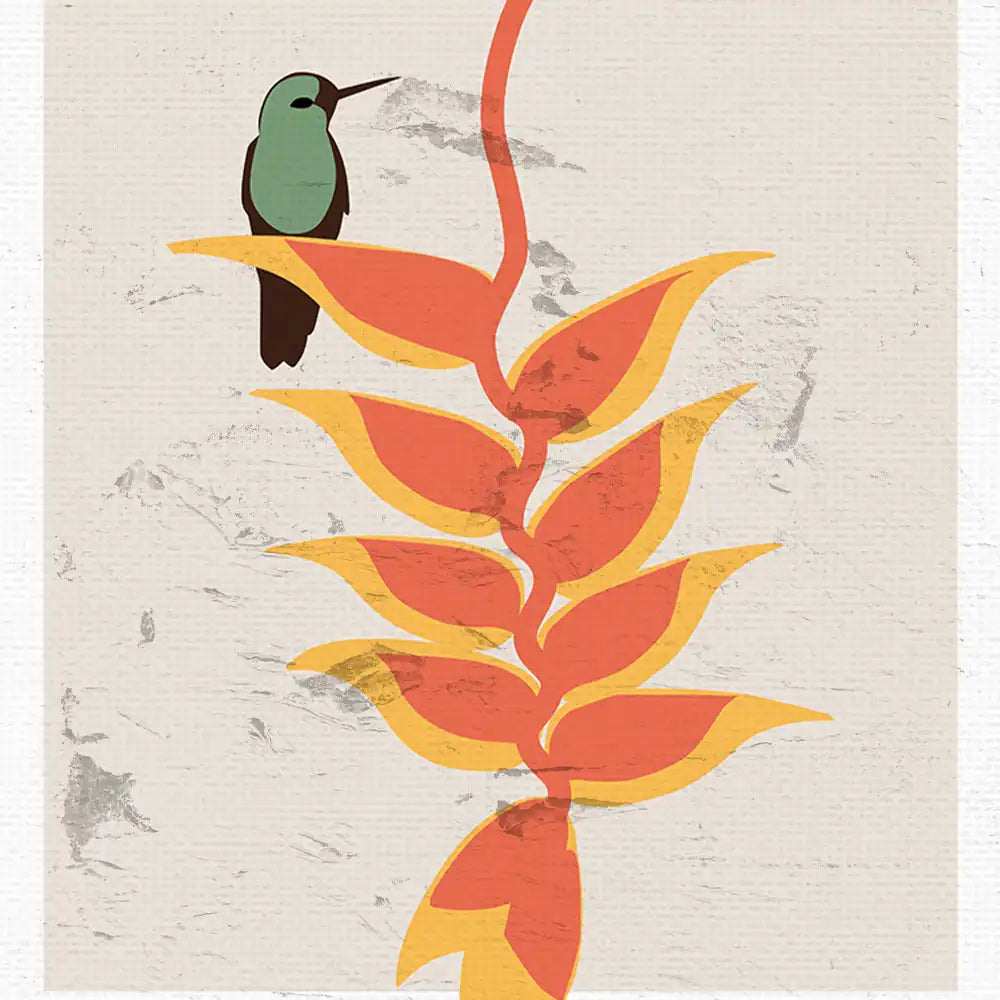 Modern poster featuring a stylized hummingbird perched on a vibrant orange and yellow tropical plant against a textured beige background.