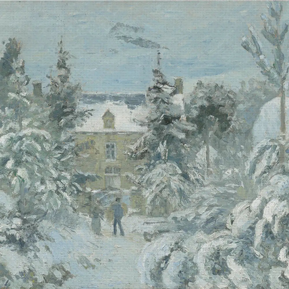 Painting of a winter landscape featuring snow-covered trees and a house in the background, with two figures walking along a snowy path.