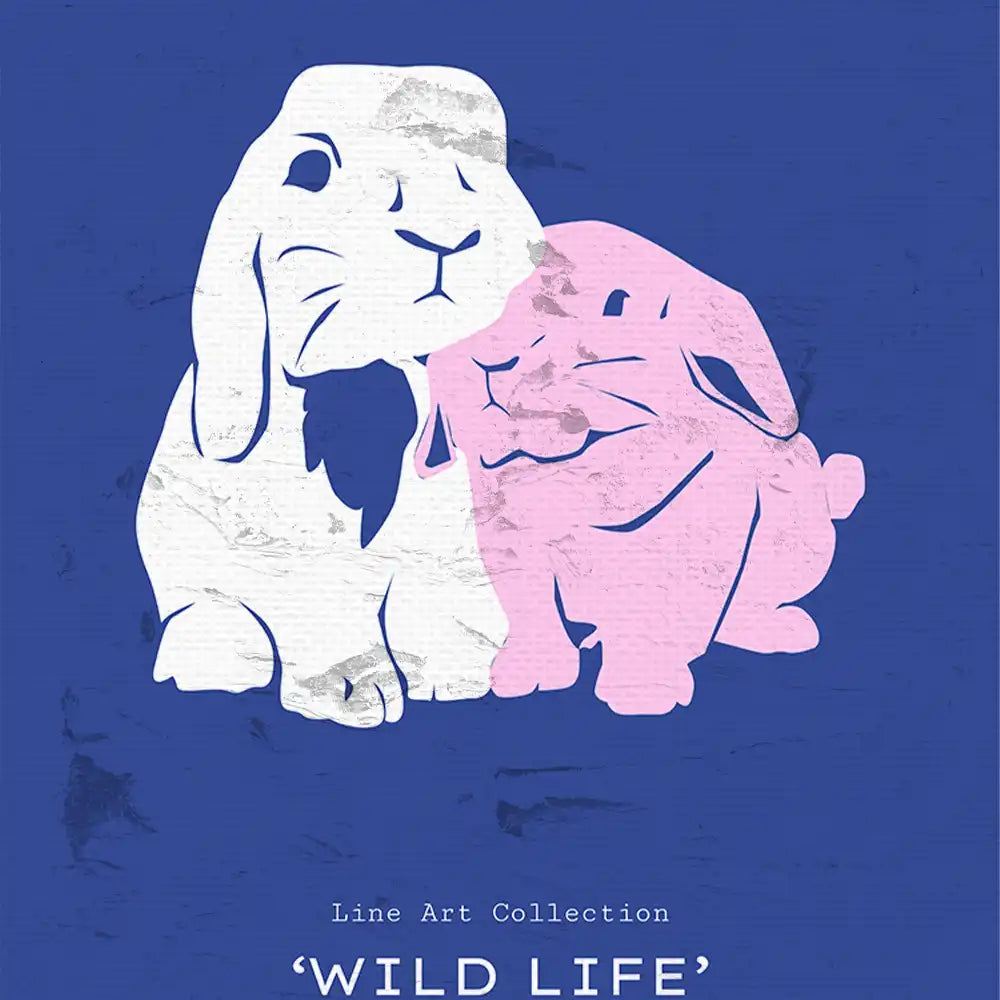 Modern line art poster featuring two adorable rabbits in white and pink against a blue background, titled 'Wild Life' from the Line Art Collection.