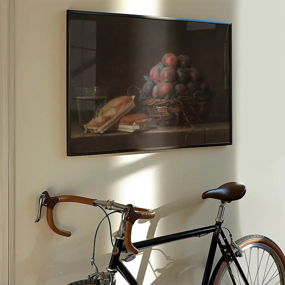Still life painting of a basket of fruit and bread displayed on a wall, with a bicycle leaning against it.