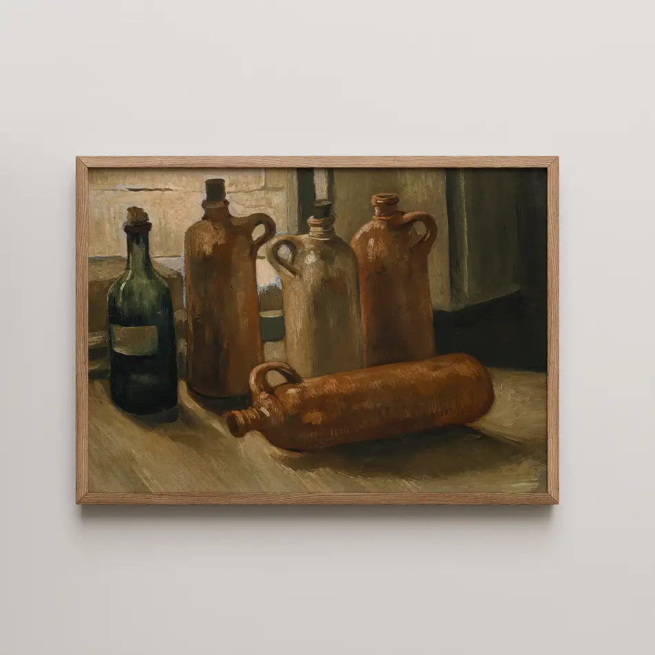 Still life painting featuring five glass and ceramic bottles in earthy tones, displayed in a wooden frame.