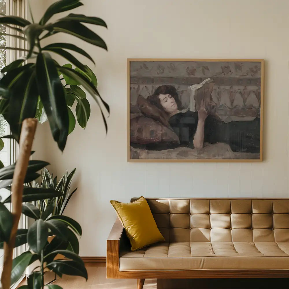 Painting of a woman peacefully reading on a couch, framed and displayed on a wall with indoor plants and a stylish sofa.