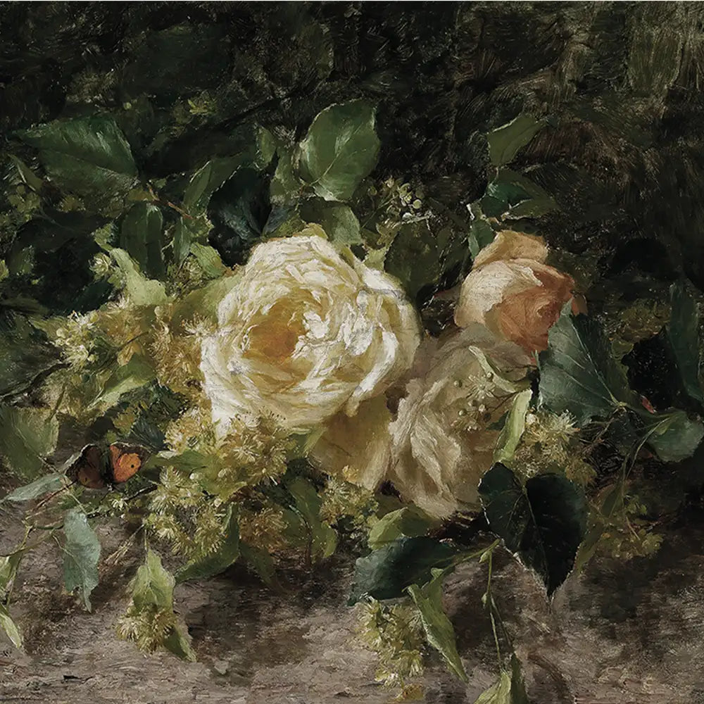 A beautiful painting of white and pale pink roses surrounded by green leaves and delicate flowers, set against a dark background.