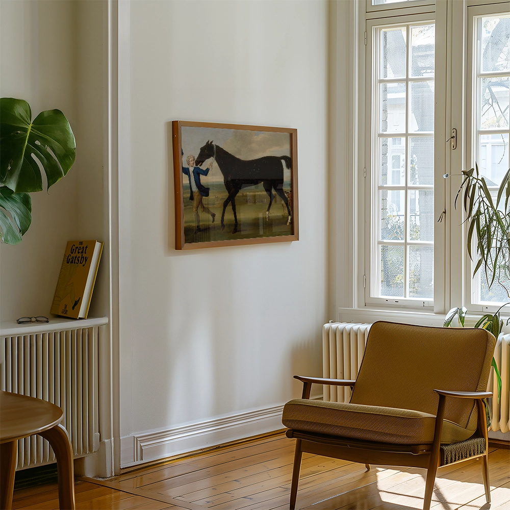 Painting of a man leading a horse, framed and displayed in a modern living room with a wooden floor and mid-century furniture.