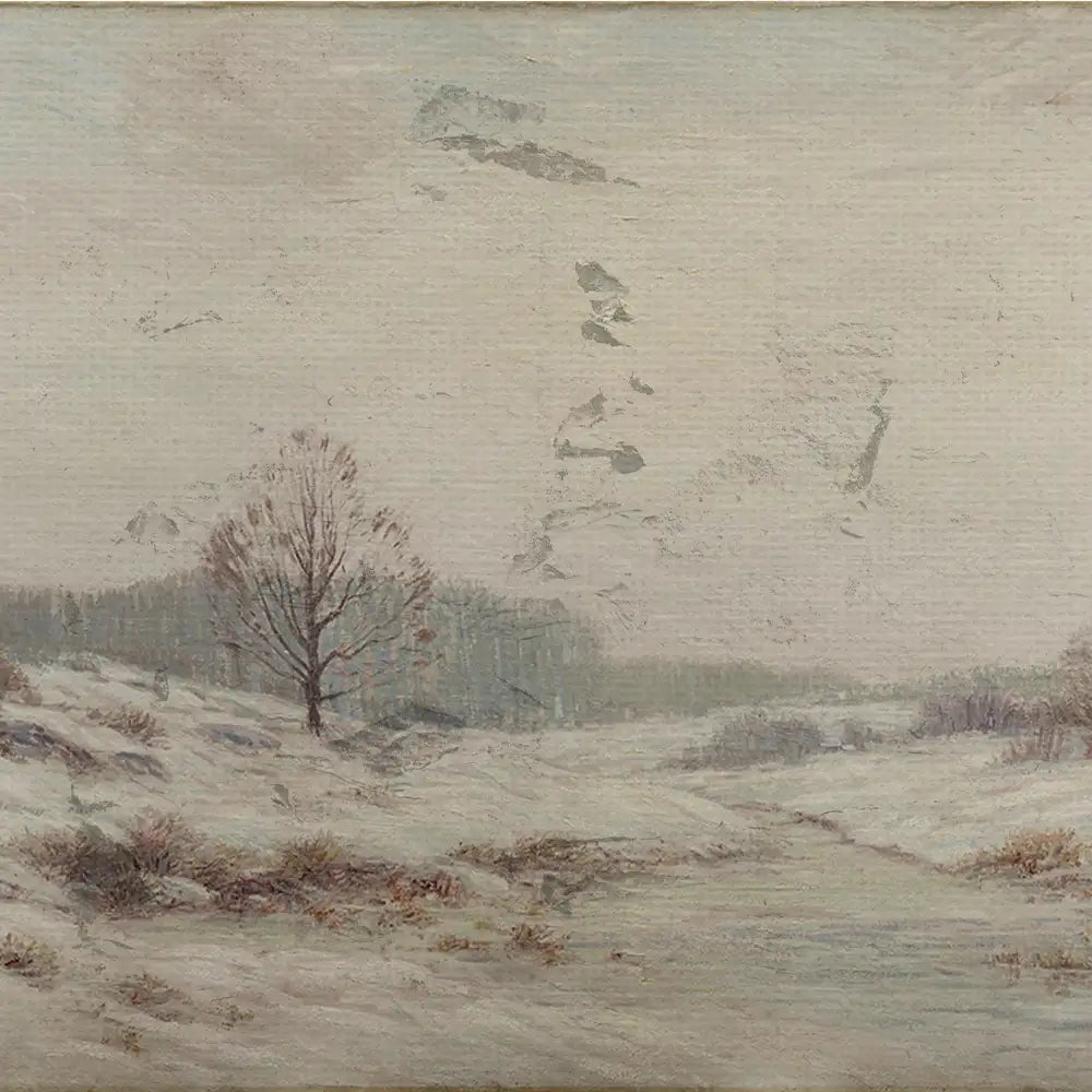 Snow-covered landscape with a solitary tree and a winding stream under a pale sky.
