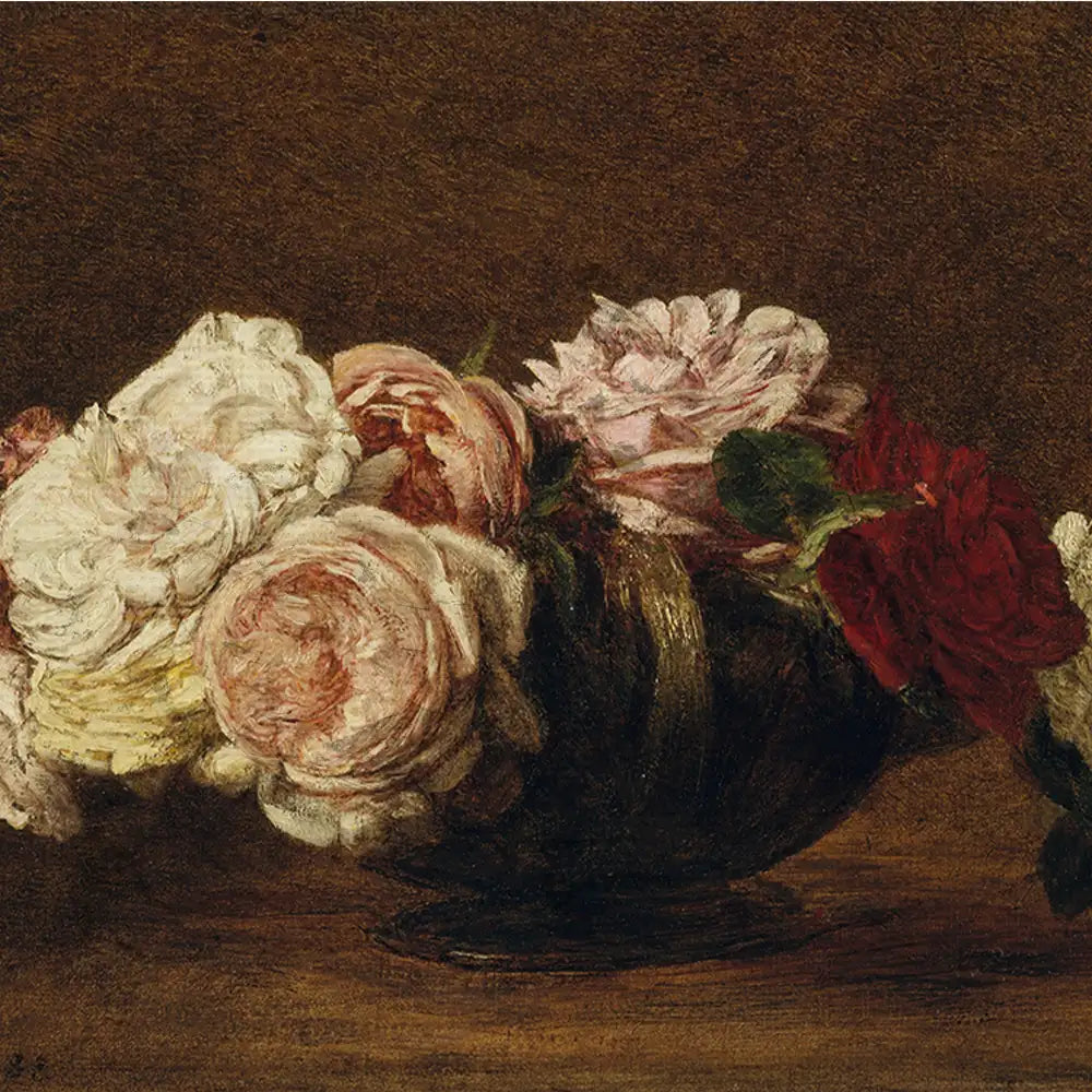 A still life painting of a bouquet of mixed roses in a dark bowl with a brown background.