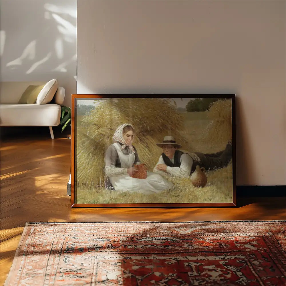 Painting of a woman and a man in a rural setting, surrounded by hay, featuring a vintage aesthetic and warm colors.