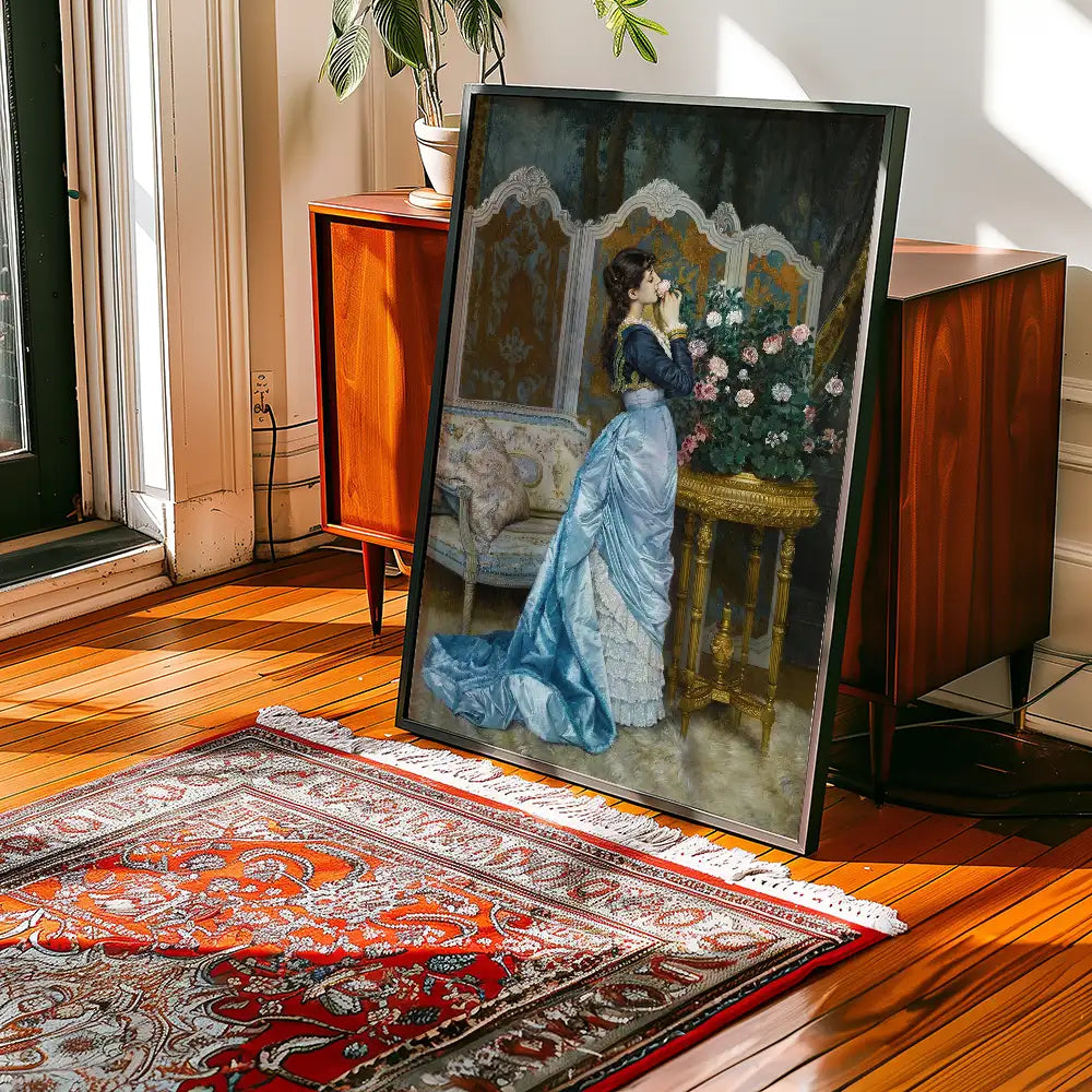 A vintage painting of a woman in a blue gown admiring a bouquet of roses, displayed in a stylish interior setting with wooden floors and a patterned rug.