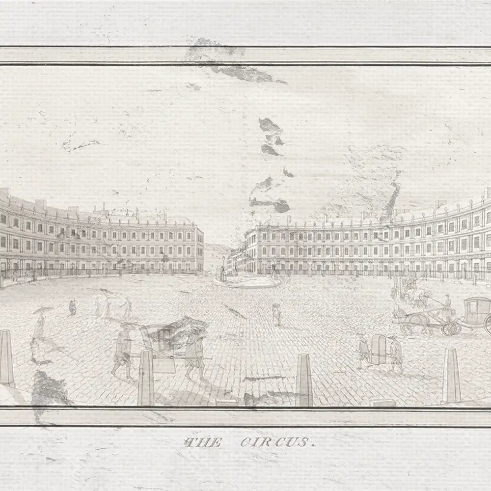 Illustration of a historic square titled "The Circus" featuring cobblestone streets, buildings with rounded facades, and people engaging in various activities.