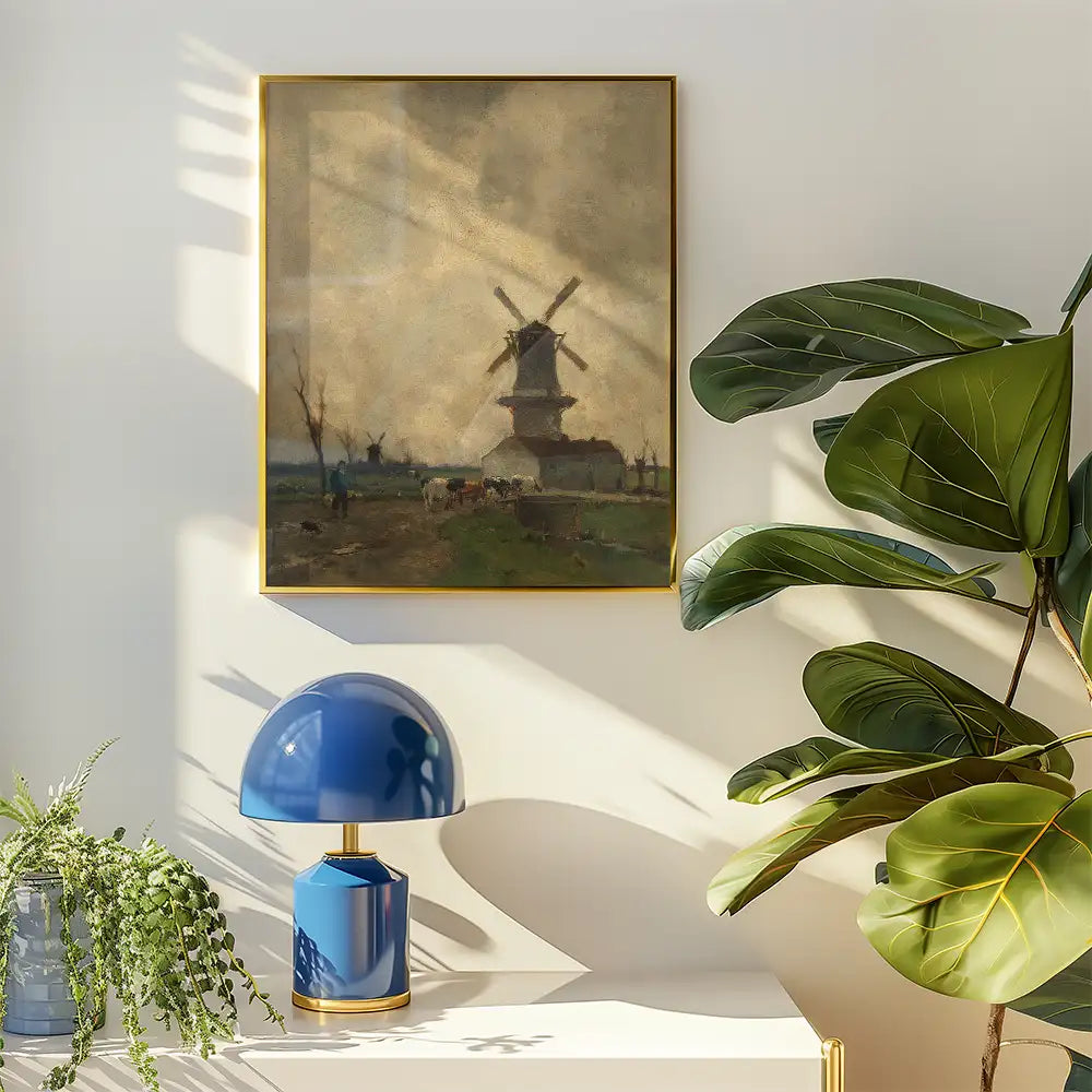 Painting of a windmill in a rural landscape, framed and displayed on a wall beside a blue lamp and a green plant.