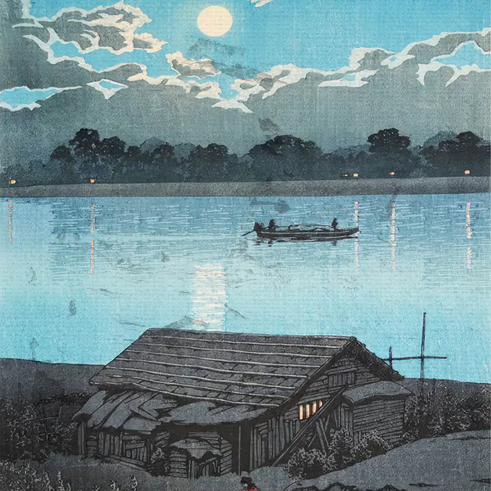 A serene night landscape featuring a moonlit river, a small boat with two figures, and a rustic cabin by the water's edge, set against a backdrop of clouds and dark trees.