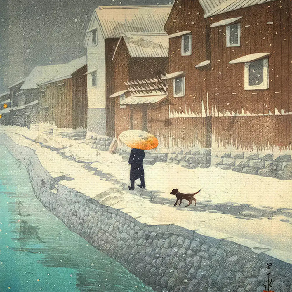 Snowy landscape painting featuring a figure with an umbrella walking a dog along a riverbank with traditional wooden houses in the background.