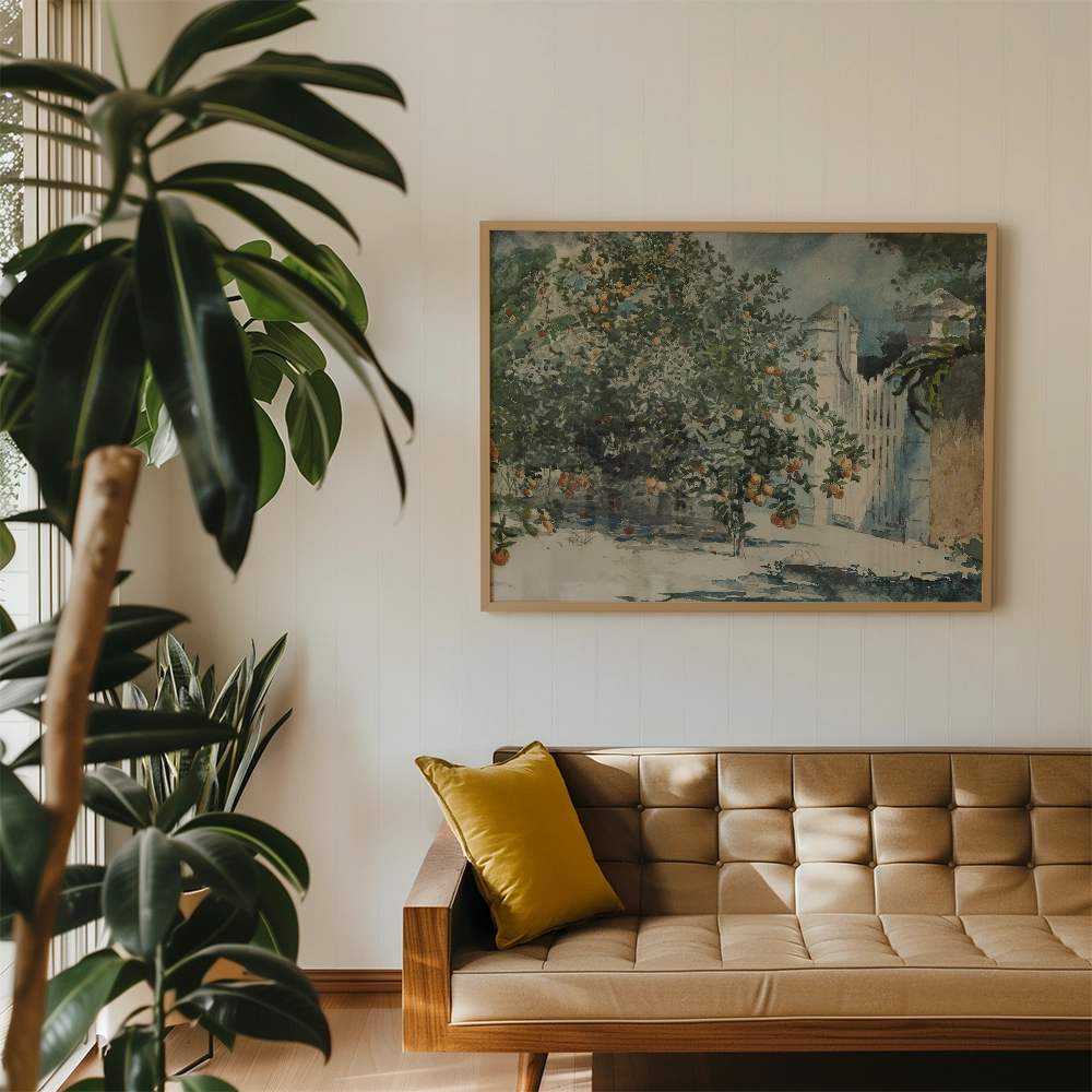 A serene landscape painting of a lush tree with orange fruits, framed and displayed above a modern beige sofa in a stylish living room setting.