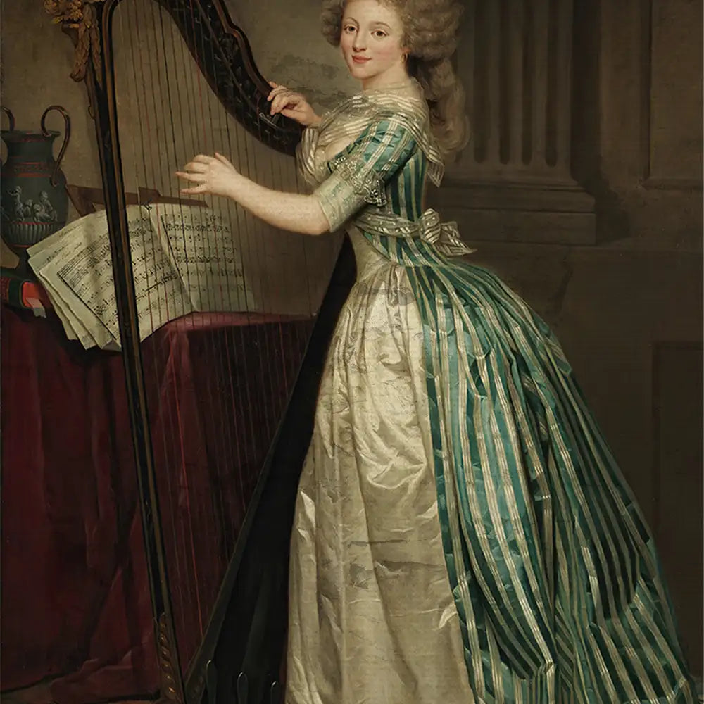 Painting of a woman in an elegant striped dress playing a harp, with musical sheets on a table beside her.