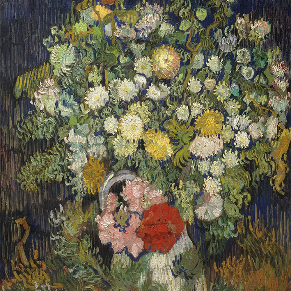 A vibrant bouquet of various flowers in a textured vase, painted in rich colors and expressive brushstrokes, showcasing a blend of blooms including roses, daisies, and chrysanthemums.