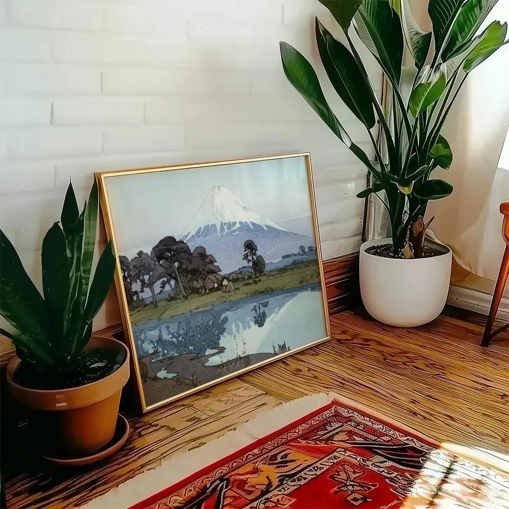 Framed painting of a mountain landscape with a reflection in a serene lake, surrounded by indoor plants and a textured rug.