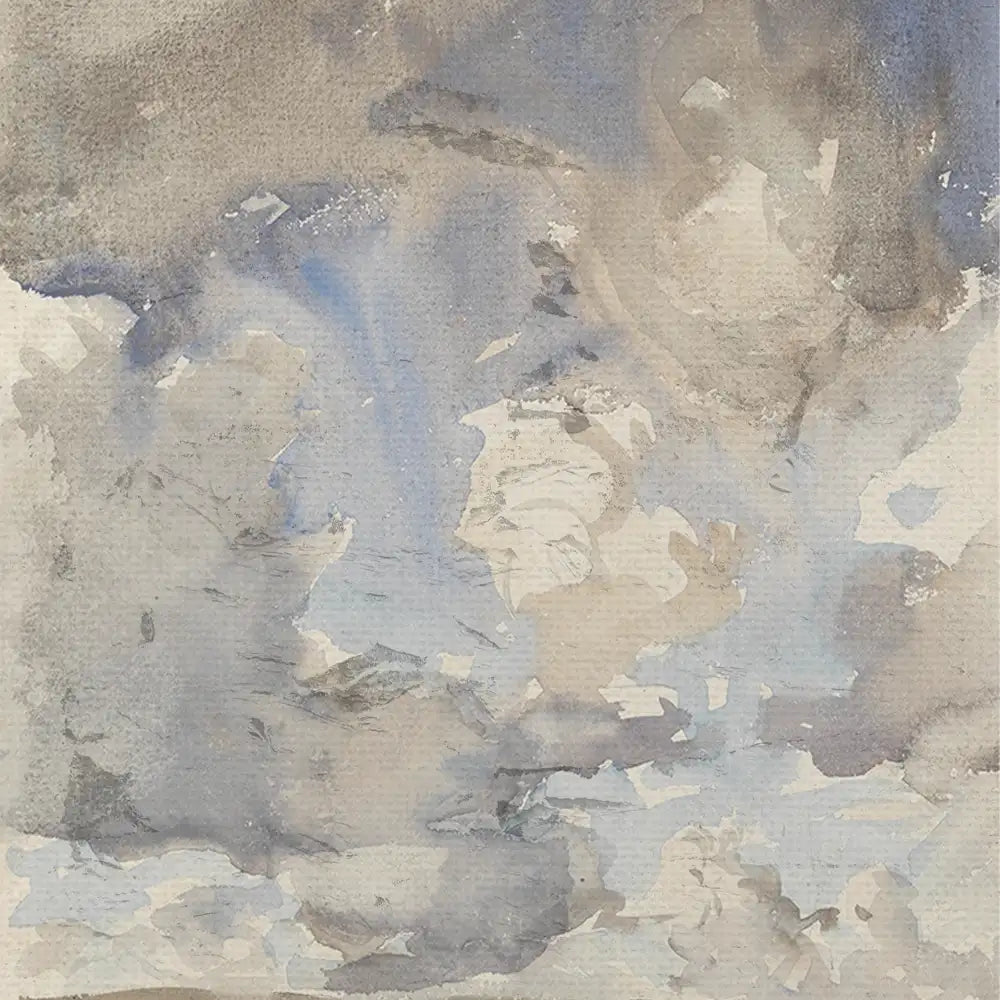 Abstract watercolor painting featuring soft gray and blue tones with subtle texture.