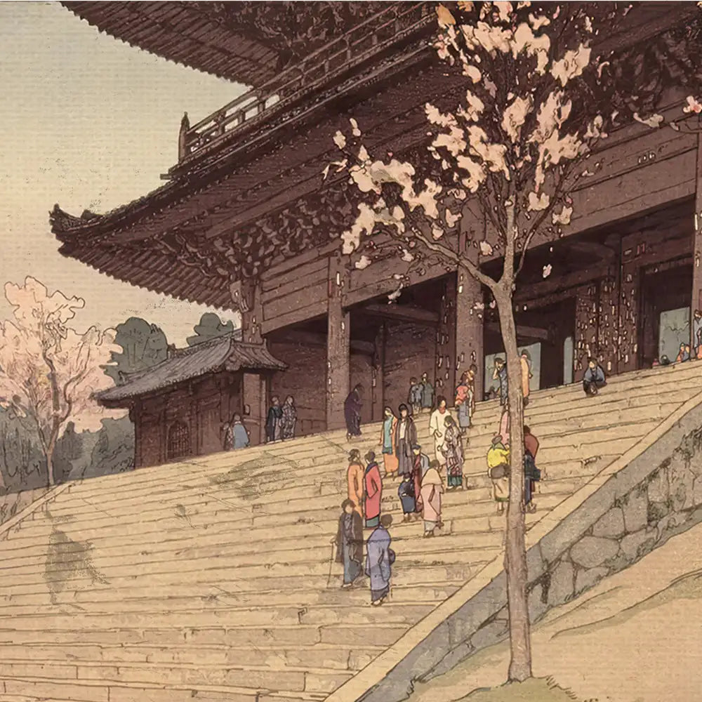 Traditional painting of a historic temple with people walking up the steps, surrounded by cherry blossom trees.