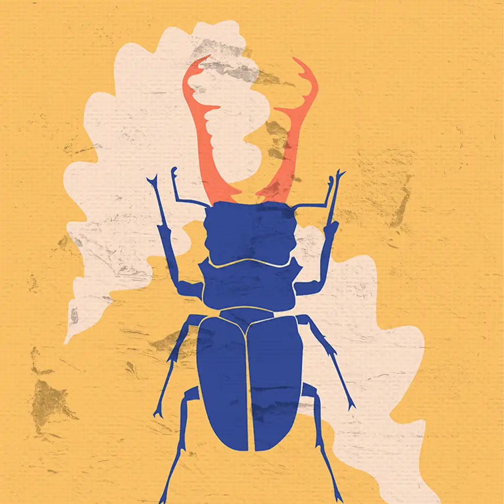 Modern art poster featuring a stylized blue beetle with vibrant red antlers against a textured yellow background.