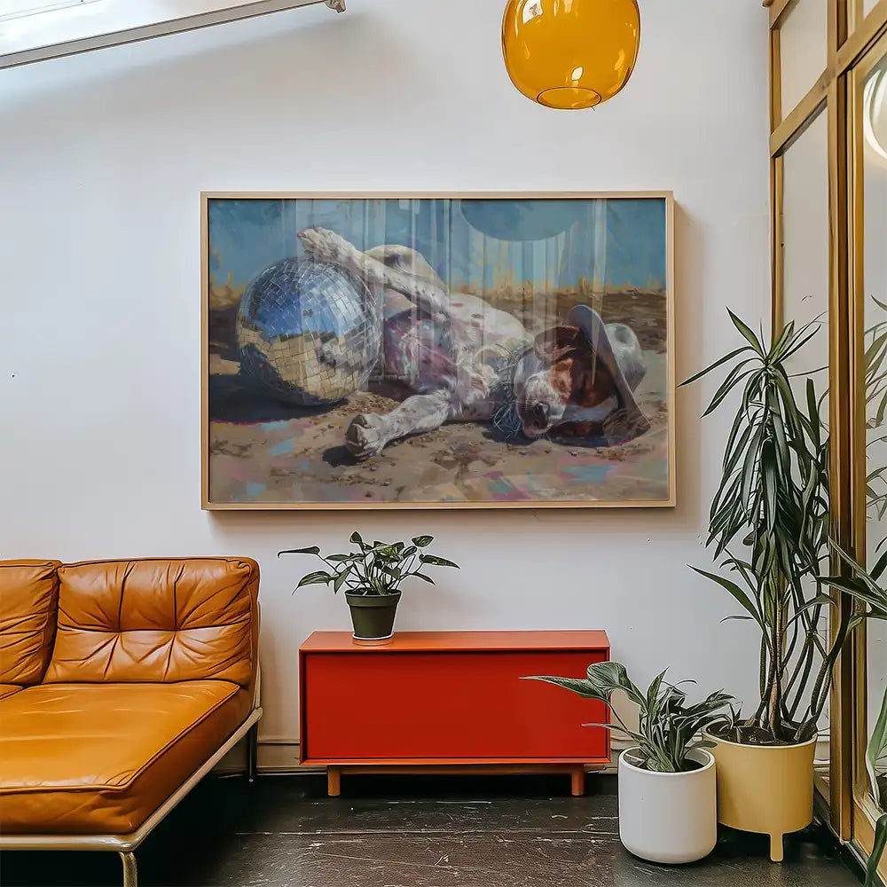 Modern reprint of a famous painting featuring a dog resting beside a disco ball, displayed in a stylish living room with contemporary furniture and plants.