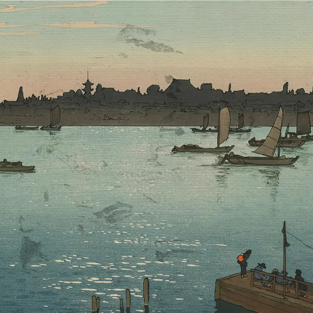 A serene watercolor painting depicting a tranquil river scene at dusk, featuring boats with sails and a distant city skyline.
