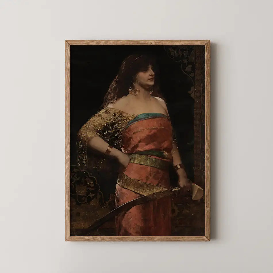 Portrait of a woman in an elegant dress holding a sword, framed in wood, against a dark background.