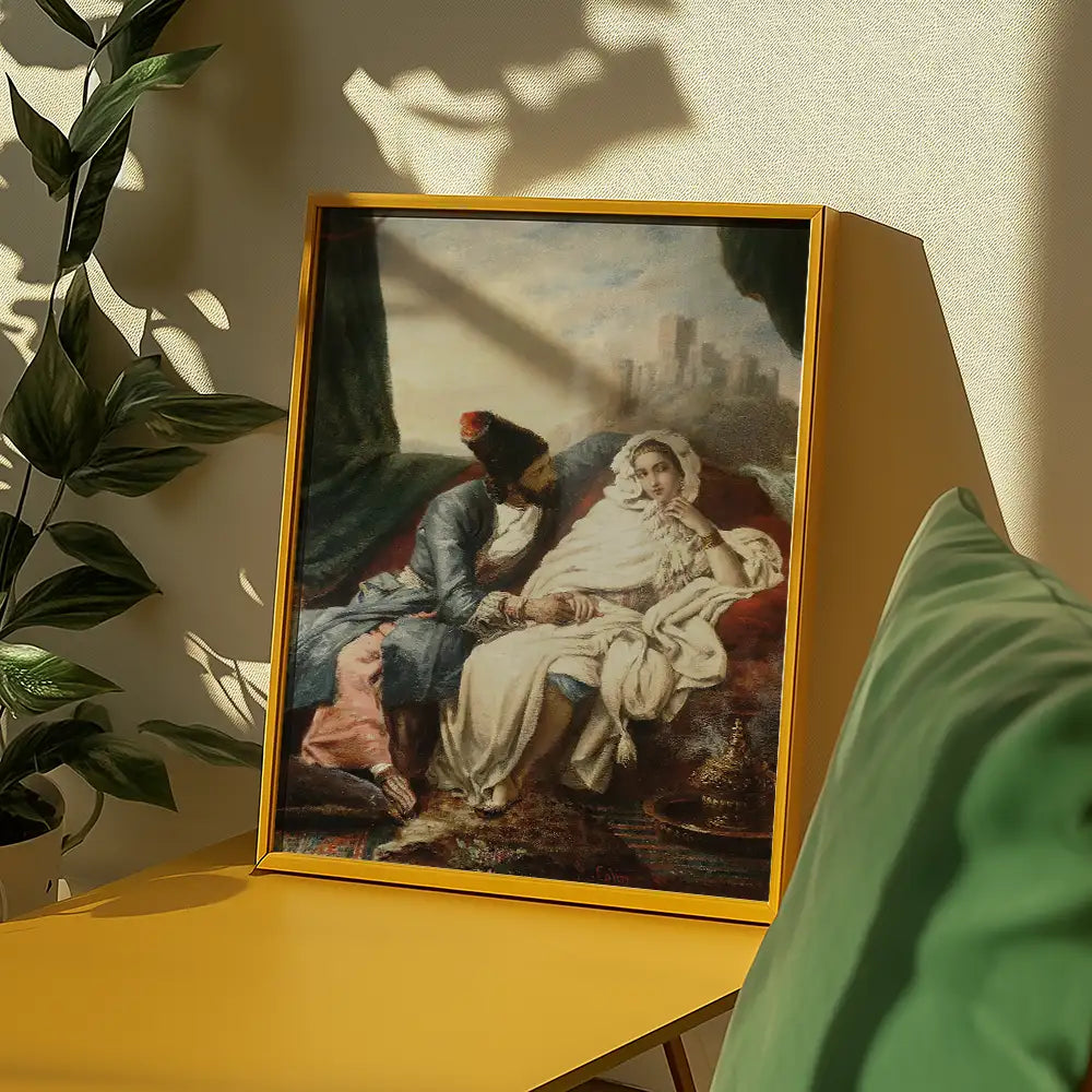 Painting of a man and woman seated together on a sofa, framed in a yellow frame, with soft lighting and surrounded by decorative plants.