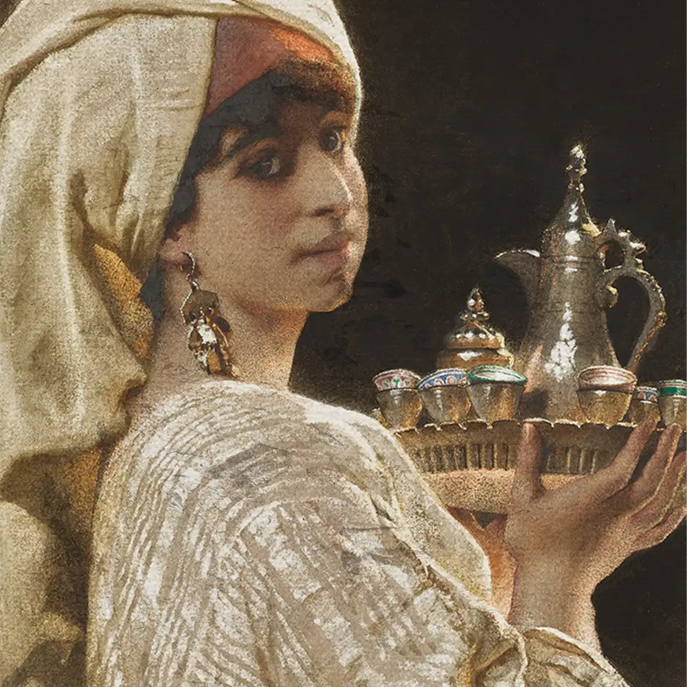 Painting of a woman in traditional attire holding a tray of ornate teacups and a silver teapot, set against a dark background.