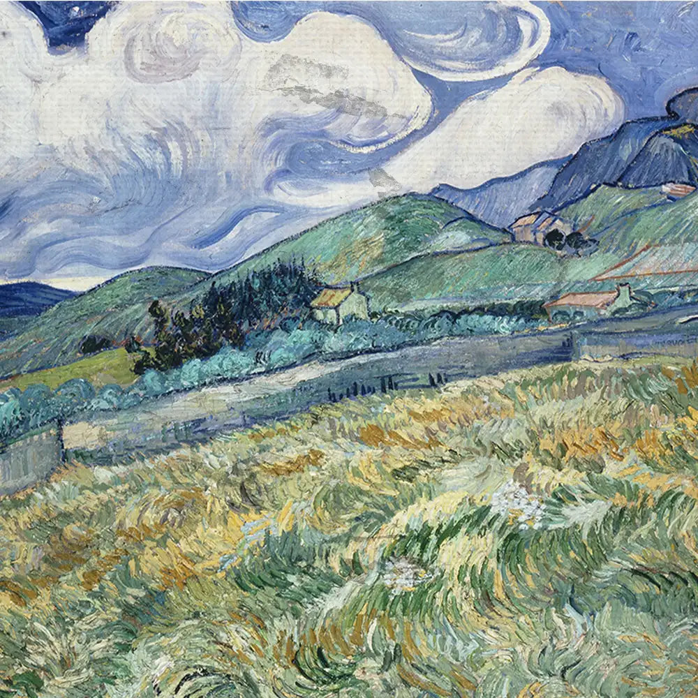 A vibrant landscape painting featuring rolling green hills, a cloudy blue sky, and small farmhouses nestled among trees.
