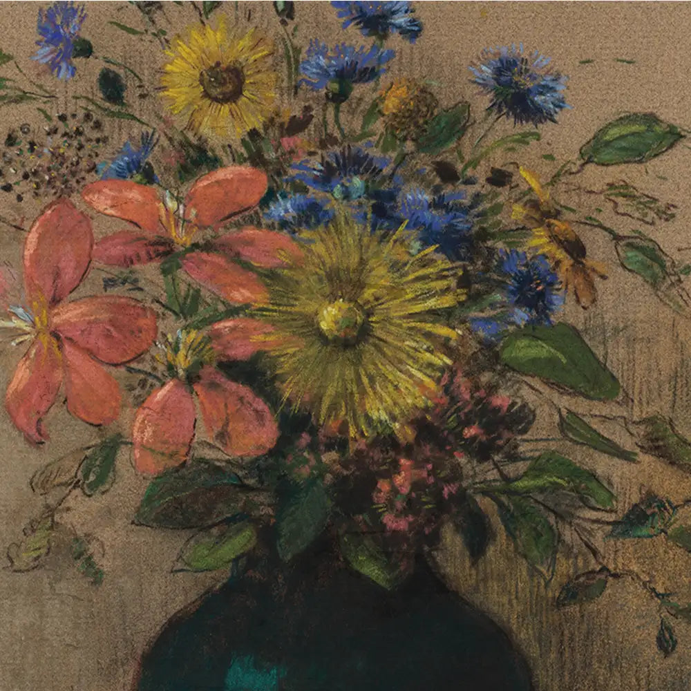 Colorful bouquet of flowers including yellow, orange, and blue blooms against a textured brown background.