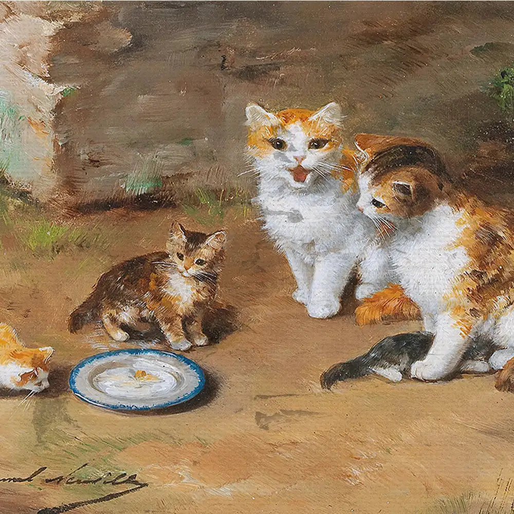 A charming painting featuring four playful cats gathered around a plate, with two calico cats and one orange cat expressing curiosity, while a small kitten watches intently.