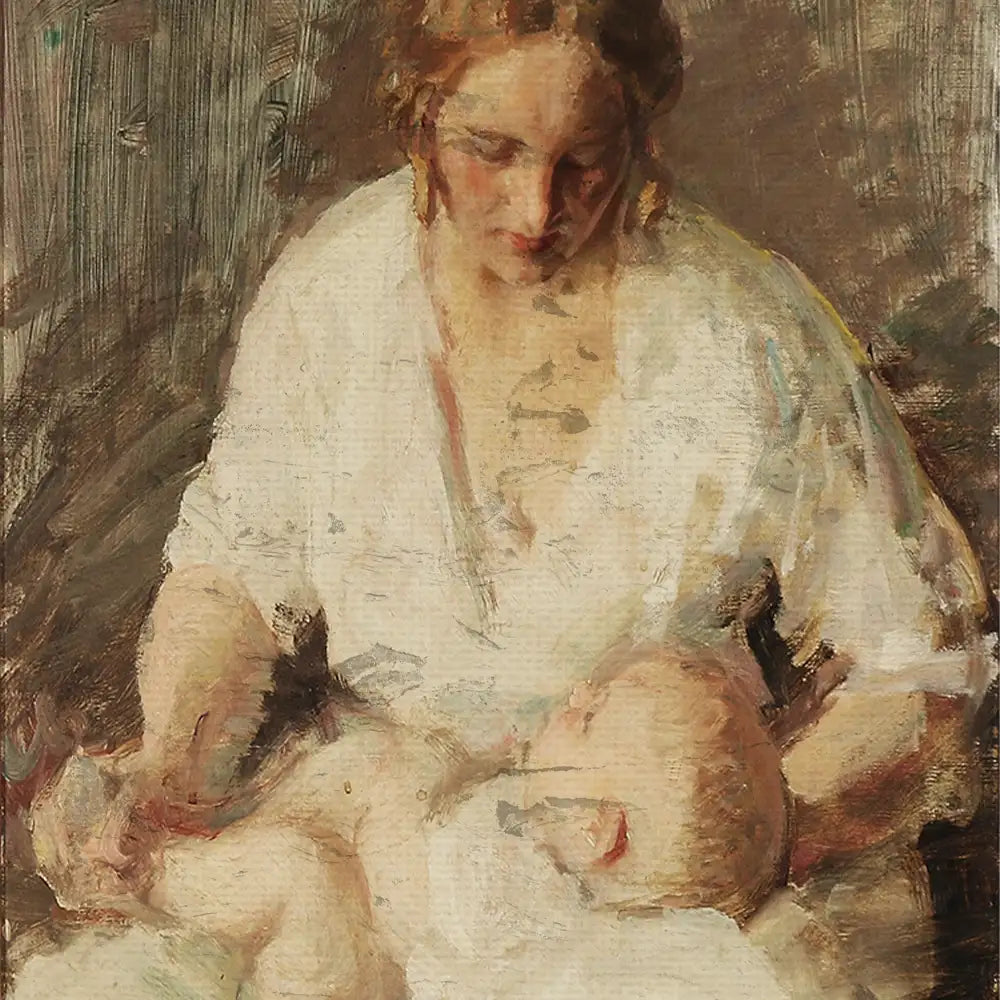 Portrait of a woman holding a baby, painted in soft, muted colors with expressive brush strokes.