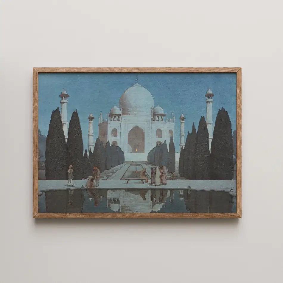 Painting of the Taj Mahal surrounded by cypress trees with figures near a reflecting pool, framed in wood.