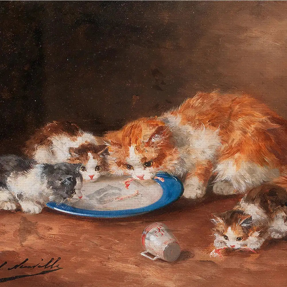 Painting of four playful kittens gathered around a blue plate, with a spilled cup nearby, showcasing their curious expressions and colorful fur.