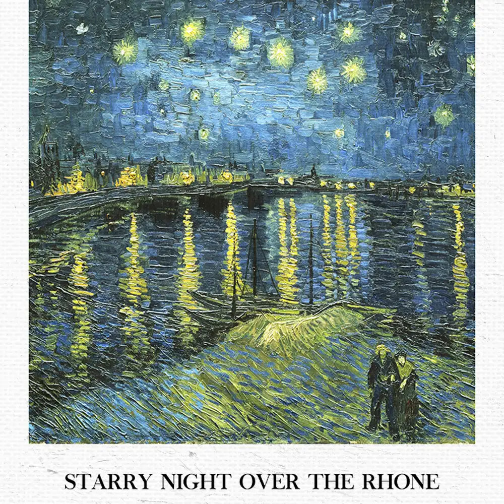 Painting of a night sky filled with stars over the Rhône River, featuring reflections on the water and two figures on the shore, titled "Starry Night Over the Rhône."