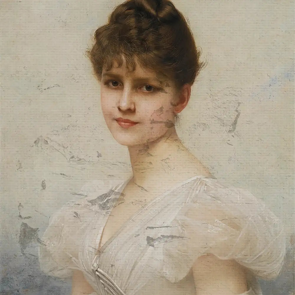Portrait of a young woman with soft features, wearing a delicate white dress with puffed sleeves, set against a textured neutral background.