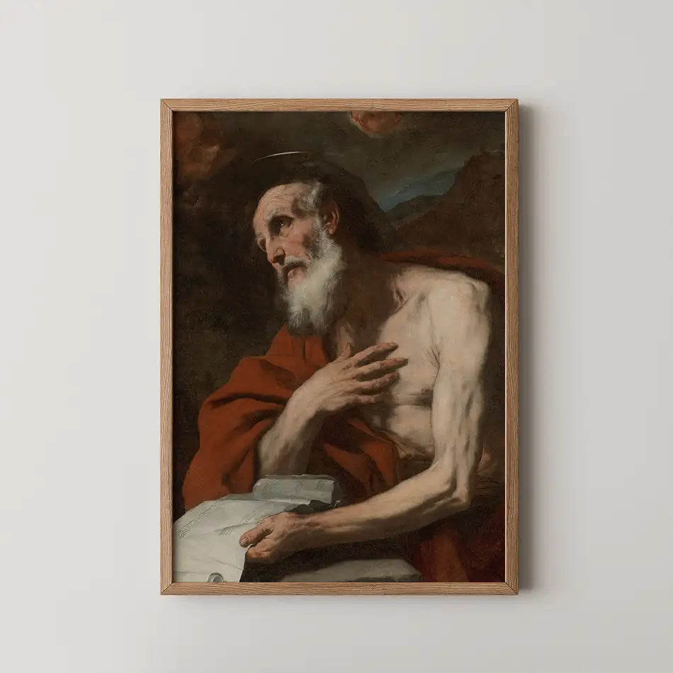 Framed painting of an elderly man with a beard, wearing a red robe, looking contemplative while holding a book, against a dark background.
