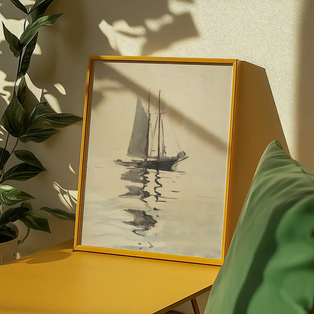 Framed painting of a sailboat on water, displayed on a yellow table with green cushions and indoor plants in a sunlit room.